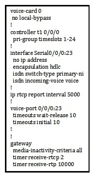 Refer to the exhibit.   Users are reporting that inbound calls from the PSTN are dropping when not answered within 10 seconds. Calls come in via ISDN T1 PRI. Which configuration change is needed to prevent the calls from dropping? A)  Remove the timeouts wait-release 10 command from under the voice-port. B)  Remove the timeouts initial 10 command from under the voice-port. C)  Remove the timer receive-rtcp 2 command from under the gateway. D)  Remove the timer receive-rtp 10000 command from under the gateway. E)  Modify the Call Forward No Answer setting in CUCM to redirect calls to Voicemail or another extension.