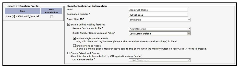 Refer to the exhibit.   A CUCM user has been configured to use the Mobility feature and is expecting their home phone 408-555-6016 to ring simultaneously when their office phone is called. What configuration change needs to be made to allow this happen? A)  Select the Enable Move to Mobile check box. B)  Select the Enable Extend and Connect check box. C)  Select the Line Association check box. D)  Deselect the Enable Single Number Reach check box.