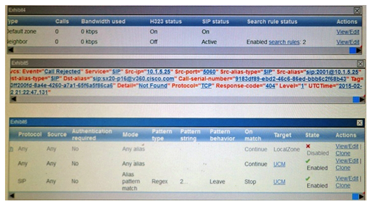 Instructions To access multiple-choice questions, click on the numbered boxes on the left of the top pannel There are two  multiple-choice questions with this task. Be sure to answer all two questions before selecting the Next button Scenario Review the exhibits and answer the multiple choice questions         A call from a SX20 in the BackBone (not shown)  with a URI extension is dialing a HQ Ph 1 that is registered to the HQ CUCM. Determine if the call fails and if so, what are the two causes? (Choose two.)  A)  The call succeeds B)  The call fails C)  There are no issues, so the call succeeds D)  The SIP port is incorrect on the Cisco Unified Communications Manager CUCM SIP trunk E)  The Local Zone Match Rule state is disabled F)  Rule name UCM2 is set to stop on Match