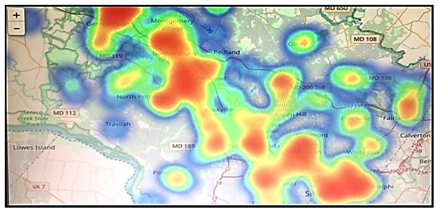   Refer to the exhibit. Which two statements are true? (Choose two.)  A)  That is a heatmap projected on top of a geographic map. B)  That is a treemap projected on top of a geographic map. C)  The color red usually stands for lower values and the color blue usually stands for higher values. D)  Another suitable visualization technique for this image would be line graphs. E)  The color blue usually stands for lower values and the color red usually stands for higher values.