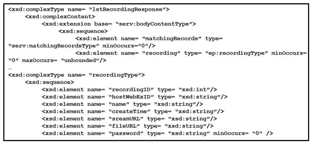   Refer to the exhibit. A snippet from the XSD schema of the Webex Meeting XML API 'LstRecordingResponse' element is listed in the exhibit. Assuming that a variable named 'resp' exists that contains the XML response from a successful 'LstRecording' request, which code snippet correctly generates a simple report that lists meeting names and recording file download links? A)    B)    C)    D)   