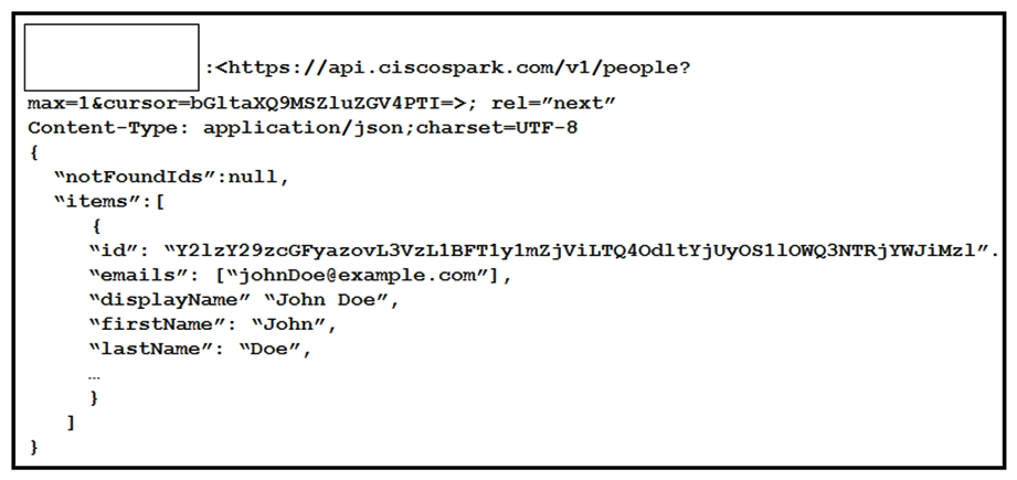   Refer to the exhibit. A Webex Teams REST API response is shown with the HTTP Header missing. Which HTTP header expected in this response? A)  Push B)  Link C)  Patch D)  Put