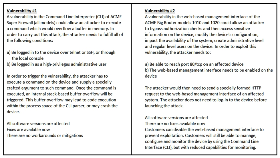   Refer to the exhibit. How must these advisories be prioritized for handling? A)  The highest priority for handling depends on the type of institution deploying the devices B)  Vulnerability #2 is the highest priority for every type of institution C)  Vulnerability #1 and vulnerability #2 have the same priority D)  Vulnerability #1 is the highest priority for every type of institution