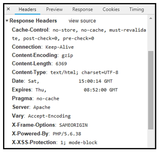   Refer to the exhibit. Where are the browser page rendering permissions displayed? A)  X-Frame-Options B)  X-XSS-Protection C)  Content-Type D)  Cache-Control