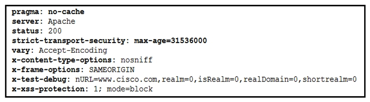   Refer to the exhibit. Where are the browser page rendering permissions displayed? A)  x-frame-options B)  x-xss-protection C)  x-content-type-options D)  x-test-debug