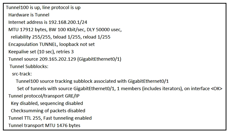   Refer to the exhibit. A network engineer configures a GRE tunnel and enters the show interface tunnel command. What does the output confirm about the configuration? A)  The keepalive value is modified from the default value. B)  The physical interface MTU is 1476 bytes. C)  The tunnel mode is set to the default. D)  Interface tracking is configured.