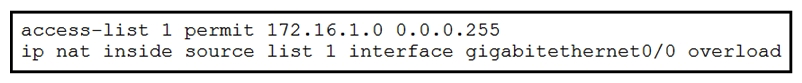 Refer to the exhibit.   The inside and outside interfaces in the NAT configuration of this device have been correctly identified. What is the effect of this configuration? A)  NAT64 B)  dynamic NAT C)  static NAT D)  PAT