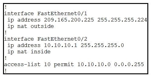   Refer to the exhibit. Which command allows hosts that are connected to FastEthernet0/2 to access the Internet? A)  ip nat inside source list 10 interface FastEthernet0/2 overload B)  ip nat inside source list 10 interface FastEthernet0/1 overload C)  ip nat outside source static 209.165.200.225 10.10.10.0 overload D)  ip nat outside source list 10 interface FastEthernet0/2 overload