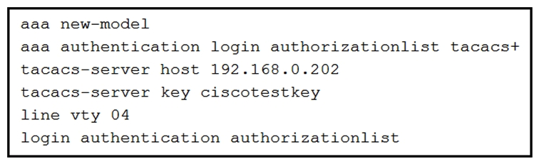 Refer to the exhibit.   What is the effect of this configuration? A)  The device will allow users at 192.168.0.202 to connect to vty lines 0 through 4 using the password ciscotestkey . The device will allow users at 192.168.0.202 to connect to vty lines 0 through 4 using the password ciscotestkey . B)  The device will authenticate all users connecting to vty lines 0 through 4 against TACACS+. C)  The device will allow only users at 192.168.0.202 to connect to vty lines 0 through 4. D)  When users attempt to connect to vty lines 0 through 4, the device will authenticate them against TACACS+ if local authentication fails.