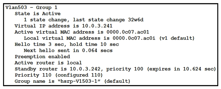   Refer to the exhibit. Which two facts does the device output confirm? (Choose two.)  A)  The device's HSRP group uses the virtual IP address 10.0.3.242. B)  The device is configured with the default HSRP priority. C)  The device sends unicast messages to its peers. D)  The standby device is configured with the default HSRP priority. E)  The device is using the default HSRP hello timer.