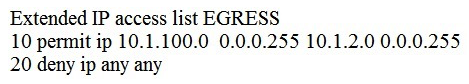 Refer to the exhibit.   An engineer must modify the access control list EGRESS to allow all IP traffic from subnet 10.1.10.0/24 to 10.1.2.0/24. The access control list is applied in the outbound direction on router interface GigabitEthernet 0/1. Which configuration commands can the engineer use to allow this traffic without disrupting existing traffic flows? A)    B)    C)    D)   