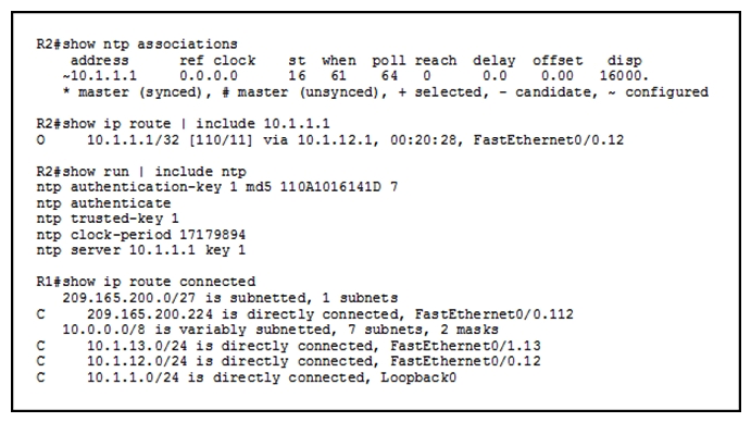 Refer to the exhibit.   Which two possible network conditions can you infer from this configuration? (Choose two.)  A)  The authentication parameters on R1 and R2 are mismatched. B)  R1 is using the default NTP source configuration. C)  R1 and R2 have established an NTP session. D)  R2 is configured as the NTP master with a stratum of 7.