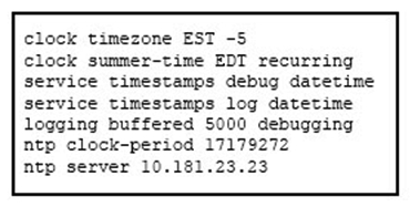   Refer to the exhibit. While reviewing a log file on a router with this NTP configuration, you note that the log entries of the router display a different time than the NTP time. Which action can you take to correct the problem? A)  Remove the datetime keyword from the service timestamps log datetimestatement B)  Add the localtime keyword to the service timestamps log datetimestatement C)  Add the mseckeyword to the service timestamps log datetimestatement. D)  Configure the router to be the NTP master. E)  Add the statement ntp broadcast to the NTP configuration of the neighboring router.