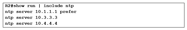   Refer to the exhibit. If the route to 10.1.1.1 is removed from the R2 routing table, which server becomes the master NTP server? A)  the NTP server at 10.3.3.3 B)  the NTP server at 10.4.4.4 C)  R2 D)  the NTP server with the lowest stratum number