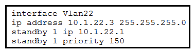   Refer to the exhibit. You must modify the Cisco IOS Layer3 switch configuration for high availability operation. Which additional configuration is needed, if any? A)  Modify the configuration to use VRRP, which has additional functionality that works better for high availability B)  This configuration is sufficient for high availability functionality C)  Enable HSRP preempt to force the primary Layer 3 switch to resume the master role after a failure D)  Enable HSRP preempt with a delay to allow time for the routing and switching protocols to converge
