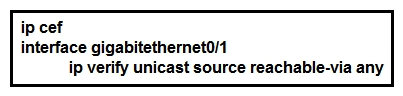   Refer to the exhibit. Router 1 was experiencing a DDoS attack that was traced to interface gigabitethernet0/1. Which statement about this configuration is true? A)  Router 1 accepts all traffic that ingresses and egresses interface gigabitethernet0/1. B)  Router 1 drops all traffic that ingresses interface gigabitethernet0/1 that has a FIB entry that exits a different interface. C)  Router 1 accepts source addresses that have a match in the FIB that indicates it is reachable through a real interface. D)  Router 1 accepts source addresses on interface gigabitethernet0/1 that are private addresses.