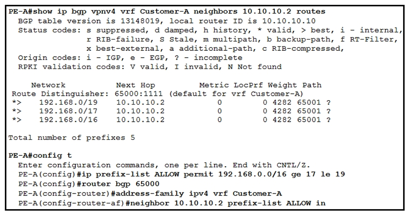   Refer to the exhibit. Which three outcomes occur if the prefix list is added to the neighbor? (Choose three.)  A)  192.168.0.0/16 is denied. B)  192.168.0.0/16 is permitted. C)  192.168.0.0/19 is permitted D)  192.168.0.0/19 is denied. E)  192.168.0.0/17 is permitted F)  192.168.0.0/17 is denied.