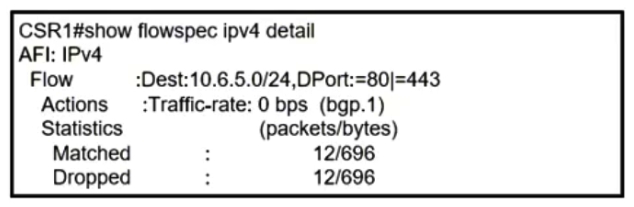   Refer to the exhibit. A network operator recently configured BGP FlowSpec for the internal IT network. What will be inferred from the configuration deployed on the network? A)  The policy is configured locally on CSR1 and drops all traffic for TCP ports 80 and 443 B)  The policy is configured locally on CSR1 and currently has no active traffic C)  The policy is learned via BGP FlowSpec and drops all traffic for TCP ports 80 and 443 D)  The policy is learned via BGP FlowSpec and has active traffic