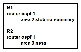   Refer to the exhibit. In which way does router R1 operate differently than router R2? A)  R1 sends LSA types 5 and 7, while R2 sends type 1, 2, and 7 LSAs. B)  R1 sends LSA type 2 only, while R2 sends type 1 and type 7 LSAs. C)  R1 sends LSA type 2 only and R2 sends LSA type 1 only. D)  R1 sends LSA types 1 and 2, while R2 sends type 1,2, and 7 LSAs.