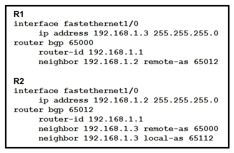   Refer to the exhibit. Assume all other configurations are correct and the network is otherwise operating normally. Which conclusion can you draw about the neighbor relationship between routers R1 and R2? A)  The neighbor relationship is up. B)  The neighbor relationship will be up only if the two devices have activated the correct neighbor relationships under the IPv4 address family. C)  The neighbor is down because the local-as value for R2 is missing in the R1 neighbor statement. The neighbor is down because the local-as value for R2 is missing in the R1 neighbor statement. D)  The neighbor relationship is down because R1 believes R2 is in AS 65012.
