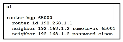   Refer to the exhibit Router R1 and its peer R2 reside on the same subnet in the network. If an engineer implements this configuration to R1, how does it make connections to R2? A)  R1 establishes TCP connections that are authenticated with a clear-text password. B)  R1 establishes UDP connections that are authenticated with an MD5 password. C)  R1 establishes UDP connections that are authenticated with a clear-text password. D)  R1 establishes TCP connections that are authenticated with an MD5 password.