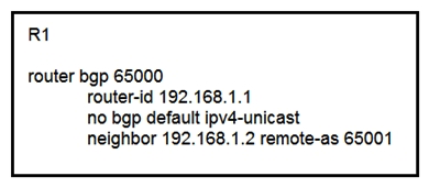   Refer to the exhibit. Which task completes the configuration? A)  Specify the local-as value in the neighbor statement B)  Specify the source interface in the neighbor statement C)  Specify the maximum number of prefixes that R1 receives from neighbor 192.168.1.2 D)  Specify the activate neighbor 192.168.1.2 under the IPv4 address family