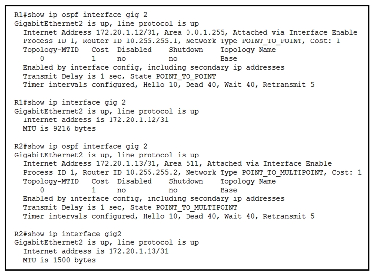   Refer to the exhibit. While troubleshooting the OSPF adjacency between routers R1 and R2, an engineer noticed that both routers are stuck in the EXCHANGE/EXSTART state. What should the engineer fix to solve the ongoing issue? A)  match OSPF network types B)  match IPv4 addresses C)  match MTU values D)  match OSPF areas