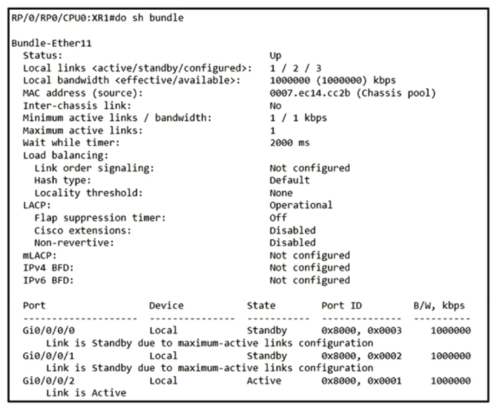   Refer to the exhibit. A network operator needs to shut down interface Gi0/0/0/2 for maintenance. What occurs to the interface states of Gi0/0/0/0 and Gi0/0/0/1? A)  Gi0/0/0/1 and Gi0/0/0/0 become active B)  Gi0/0/0/1 and Gi0/0/0/0 remain standby C)  Gi0/0/0/0 becomes active; Gi0/0/0/1 remains standby D)  Gi0/0/0/1 becomes active; Gi0/0/0/0 remains standby