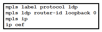   Refer to the exhibit. A network operator working for service provider with an employee id: 1234:56:789 applied this configuration to a router. Which additional step should the engineer use to enable LDP? A)  Enable MPLS LDP on the interface. B)  Disable Cisco Express Forwarding globally. C)  Delete the static router ID. D)  Configure the both keyword to enable LDP globally. Configure the both keyword to enable LDP globally.