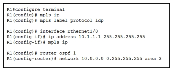   Refer to the exhibit. A network engineer is configuring MPLS LDP synchronization on router R1. Which additional configuration must an engineer apply to R1 so that it will synchronize to OSPF process 1? A)    B)    C)    D)   