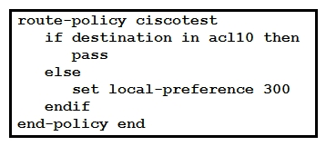   Refer to the exhibit. A network engineer is implementing a BGP routing policy. Which effect of this configuration is true? A)  All traffic that matches acl10 is allowed without any change to its local-preference. B)  All traffic that matches acl10 is dropped without any change to its local-preference. C)  If traffic matches acl10, it is allowed and its local-preference is set to 300. D)  All traffic is assigned a local-preference of 300 regardless of its destination.