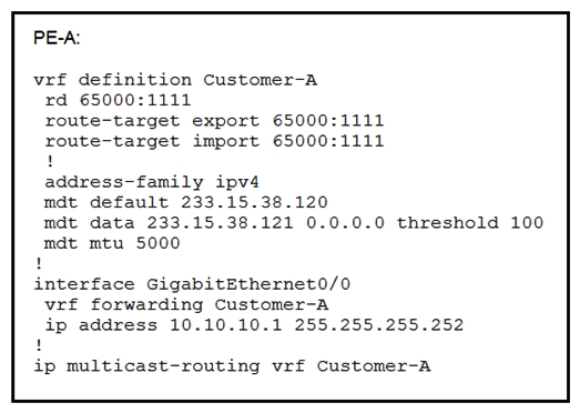  Refer to the exhibit. An engineer is implementing Auto-RP and reviewing the configuration of the PE-A. Which configuration permits Auto-RP messages to be forwarded over this interface? A)  PE-A(config-if) #no ip pim bsr-border B)  PE-A(config-if) #ip igmp version 3 C)  PE-A(config-if) #ip pim sparse-mode D)  PE-A(config-if) #ip pim sparse-dense-mode