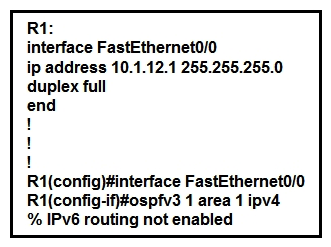  Refer to the exhibit. A network engineer is implementing an OSPF configuration. Based on the output, which statement is true? A)  OSPFv3 does not run for IPv4 on FastEthernet0/0 until IPv6 routing is enabled on the router and IPv6 is enabled on interface FastEthernet0/0. B)  In the ospfv3 1 area 1 ipv4 command, area 0 must be configured instead of area 1. In the ospfv3 1 area 1 ipv4 command, area 0 must be configured instead of area 1. C)  OSPFv3 cannot be configured for IPv4; OSPFv3 works only for IPv6. D)   IPv6 routing not enabled  is just an informational message and OSPFv3 runs for IPv4 on interface FastEthernet0/0 anyway.
