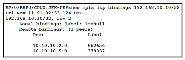   Refer to the exhibit. After implementing a new design for the network, a technician reviews the pictures CLI output as part of the MOP. Which two elements describe what the technician can ascertain from the ImpNull output? (Choose two.)  A)  Ultimate Hop Popping is in use for the prefix displayed. B)  Penultimate Hop Popping is in use for the prefix displayed. C)  Label 0 is used for the prefix displayed, but will not be part of the MPLS label stack for packets destined for 192.168.10.10. D)  Label 3 is in use for the prefix displayed and will be part of the MPLS label stack for packets destined for 192.168.10.10. E)  Label 0 is used for the prefix displayed and will be part of the MPLS label stack for packets destined for 192.168.10.10.