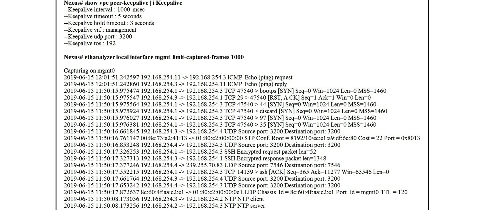 Refer to the exhibit.   A flapping link issue has been reported on the vPC keepalive link. A packet capture has been activated on the Cisco Nexus switch. What is the destination IP address of the vPC keepalive packets that are sent by the switch? A)  192.168.254.4 B)  192.168.254.1 C)  192.168.254.2 D)  239.255.70.83