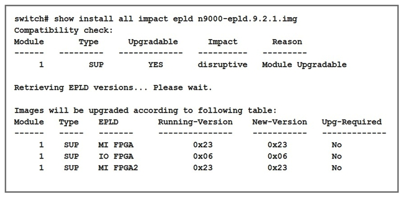   Refer to the exhibit. A network engineer plans to upgrade the current software images of a Cisco Nexus switch. What is the impact of starting the EPLD upgrade? A)  The switch reboots one time for the new EPLD versions to take effect. B)  The switch reboots multiple times for the new EPLD versions to take effect. C)  The switch skips the EPLD upgrade for each EPLD device of the switch. D)  The switch skips the EPLD upgrade for MIFPGA and proceeds with the other EPLD devices.