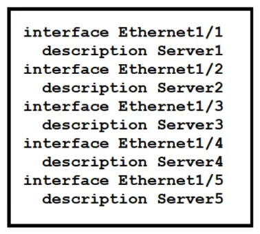   Refer to the exhibit. Which command is run from the Guest Shell to set the description on the first five interfaces of the Cisco Nexus switch? A)  [guestshell@guestshell ~]$ for x in {1..5}; dohost  conf t ; interface eth1/$x ; description Server$x ; B)  [guestshell@guestshell ~]$ for x in {1..5}; do dohost  conf t ; interface eth1/$x ; description Server$x ; done C)  [guestshell@guestshell ~]$ for x in (1..5) ; do dohost  conf t ;  interface eth1/$x  ;  description Server$x ; done D)  [guestshell@guestshell ~]$ for x in (1..5) ; dohost  conf t ; interface eth1/$x ; description Server$x ;