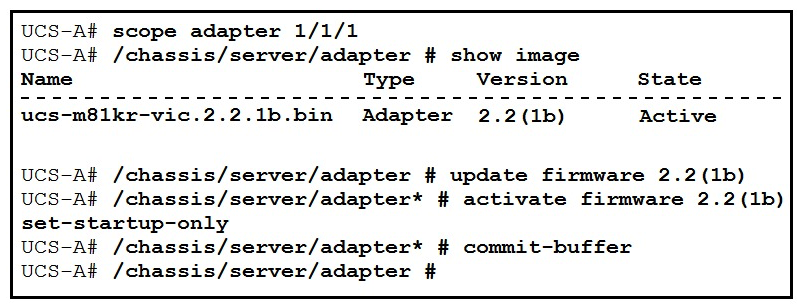 Refer to the exhibit.   What is the result of this series of commands? A)  It reboots the server immediately. B)  It activates the firmware on the next adapter boot. C)  It updates the firmware on adapter 1/1/1 immediately. D)  It verifies the firmware update on the server.