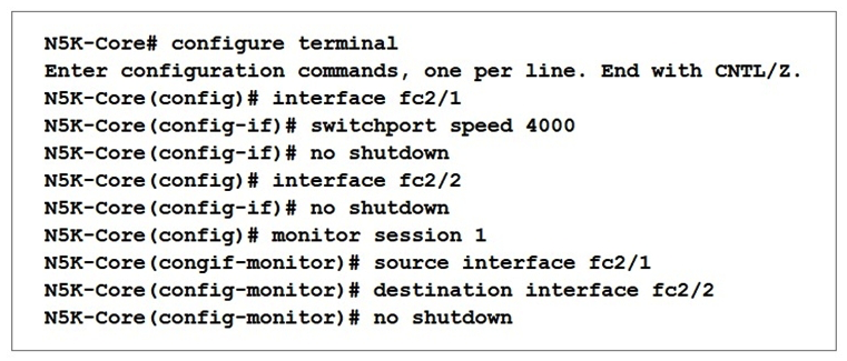   Refer to the exhibit. An engineer implements SPAN configuration on an Nexus 5000 series switch. Which two commands are necessary to complete the SPAN session configuration? A)  Configure switchport speed 4000 under interface fc2/2. B)  Configure the switchport monitor under interface fc2/2. C)  Configure session type fc under monitor session 1. D)  Configure the switchport mode SD under interface fc2/1. E)  Configure the switchport mode SD under interface fc2/2.