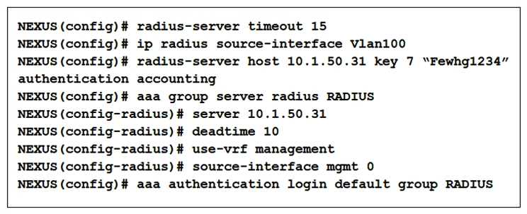   Refer to the exhibit. What is the result of implementing the configuration? A)  The RADIUS server timeout value is 15 milliseconds. B)  RADIUS traffic is sourced from the VLAN 200 interface. C)  Users specify the RADIUS server when they log in. D)  Only the RADIUS server is used for authentication.