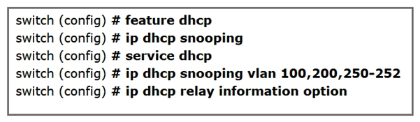   Refer to the exhibit. Which action is taken to ensure that the relay agent forwards the DHCP BOOTREQUEST packet to a DHCP server? A)  Configure the IP address of the DHCP server. B)  Verify the DHCP snooping bindings. C)  Configure the interface of the DHCP server as untrusted. D)  Enable the DHCP relay agent.