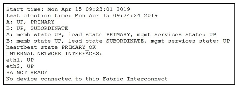 Refer to the exhibit.   What must be connected to clear the HA NOT READY status? A)  Layer 1-Layer 2 ports B)  server chassis C)  management ports D)  network uplinks