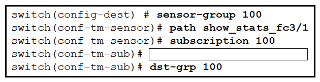   Refer to the exhibit. An engineer needs to implement streaming telemetry on a Cisco MDS 9000 Series Switch. The requirement is for the show command data to be collected every 30 seconds and sent to receivers. Which command must be added to the configuration to meet this requirement? A)  snsr-grp 200 sample-interval 30000 B)  snsr-grp 200 sample-interval 30 C)  sensor-grp 200 sample-period 30 D)  sensor-grp 200 sample-period 30000