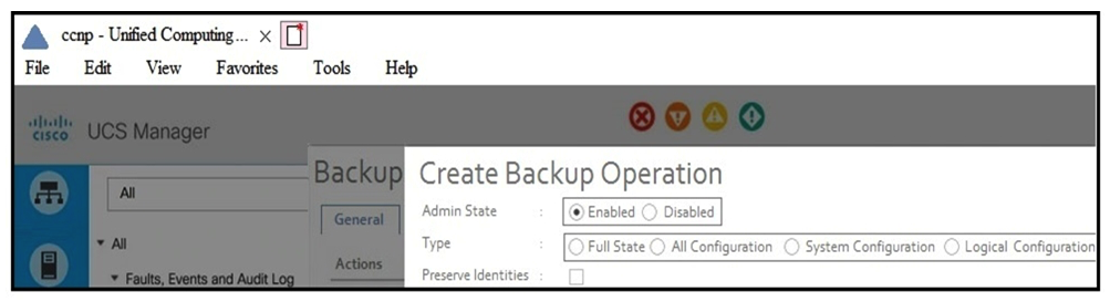 Refer to the exhibit.   Which backup operation type does not include the Preserve Identities feature? A)  full state B)  all configuration C)  logical configuration D)  system configuration