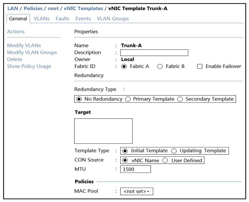     Refer to the exhibits. ESXi-Server is associated to the blade server. A VLAN is added to Trunk-A. The VLAN is missing on the vNIC of ESXi-Server. Which action should be taken to add the VLAN to the vNIC? A)  Change the template type of Trunk-A to an updating template. B)  Remove the VLAN from the Trunk-A template and add the VLAN again. C)  Change the template type of ESXi-Server to an updating template. D)  Remove both templates and recreate them as updating templates.