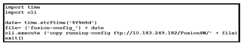   Refer to the exhibit. What is the result of executing this Python code? A)  It sends the switch configuration to Cisco TAC B)  It sends a Cisco device backup to a remote destination C)  It schedules a backup on a Cisco switch using EEM D)  It backs up Cisco switches to Cisco Prime Infrastructure