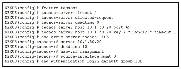 Refer to the exhibit.   What is the result of implementing this configuration? A)  The switch queries the TACACS+ server by using an encrypted text PAP login. B)  The TACACS+ server uses the type-6 encrypted format. C)  The switch queries the TACACS+ server by using a clear text PAP login. D)  The timeout value on the TACACS+ server is 10 seconds.