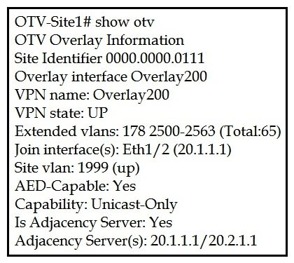 Refer to the exhibit.   A network engineer is setting up a multihomed OTV network. The first site has been set up with a primary and secondary adjacency server. Which configuration must be added on the remote OTV AEDs site? A)    B)    C)    D)   