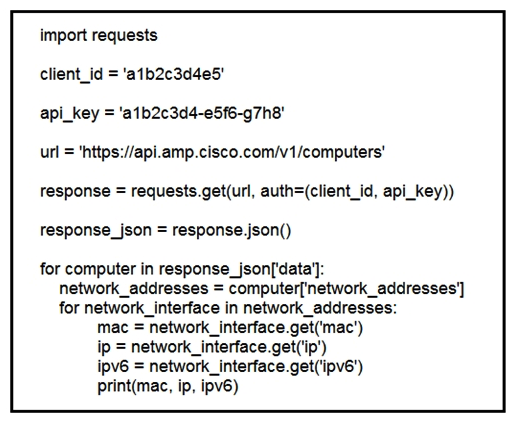   Refer to the exhibit. What does the API do when connected to a Cisco security appliance? A)  create an SNMP pull mechanism for managing AMP B)  gather network telemetry information from AMP for endpoints C)  get the process and PID information from the computers in the network D)  gather the network interface information about the computers AMP sees