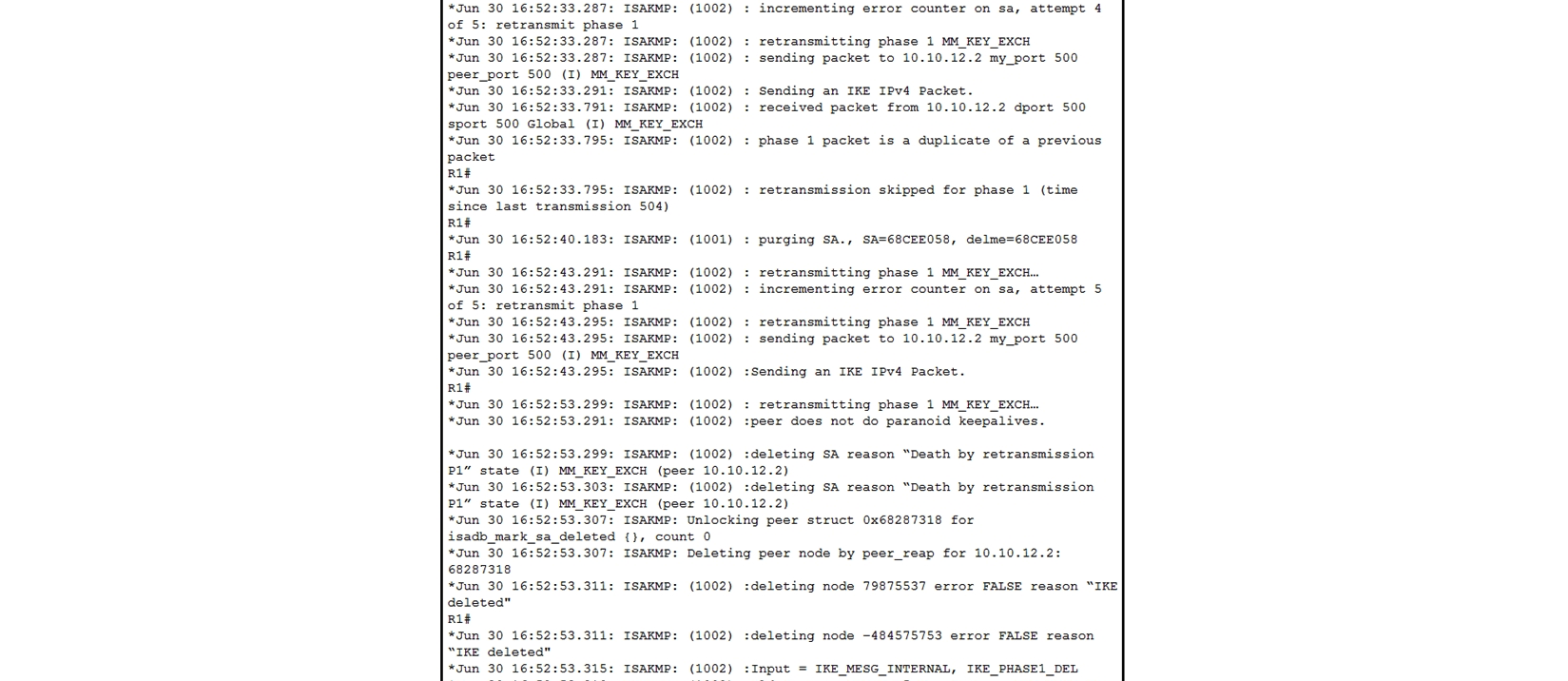  Refer to the exhibit. A network administrator configured a site-to-site VPN tunnel between two Cisco IOS routers, and hosts are unable to communicate between two sites of VPN. The network administrator runs the debug crypto isakmp sa command to track VPN status. What is the problem according to this command output? A)  interesting traffic was not applied B)  encryption algorithm mismatch C)  authentication key mismatch D)  hashing algorithm mismatch